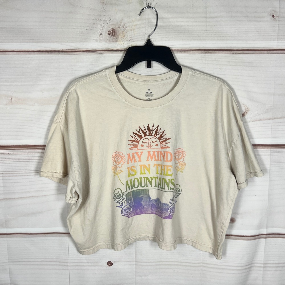 Roark Crop T-Shirt Women M Cream My Mind Is In The Mountains Cotton Tee Retro